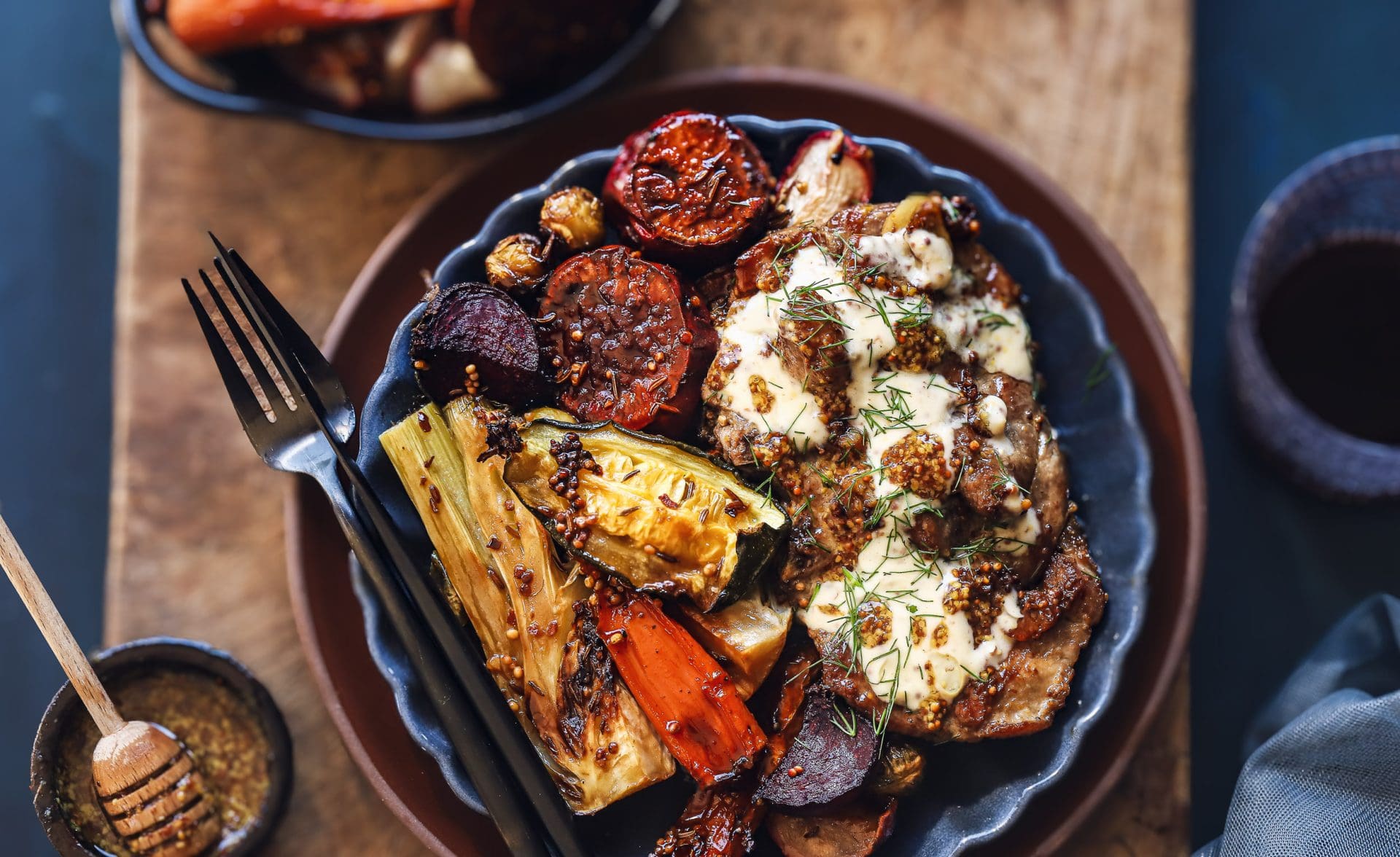 Honey and Mustard Pork Neck Steaks with Root Vegetables &bull; SA Pork